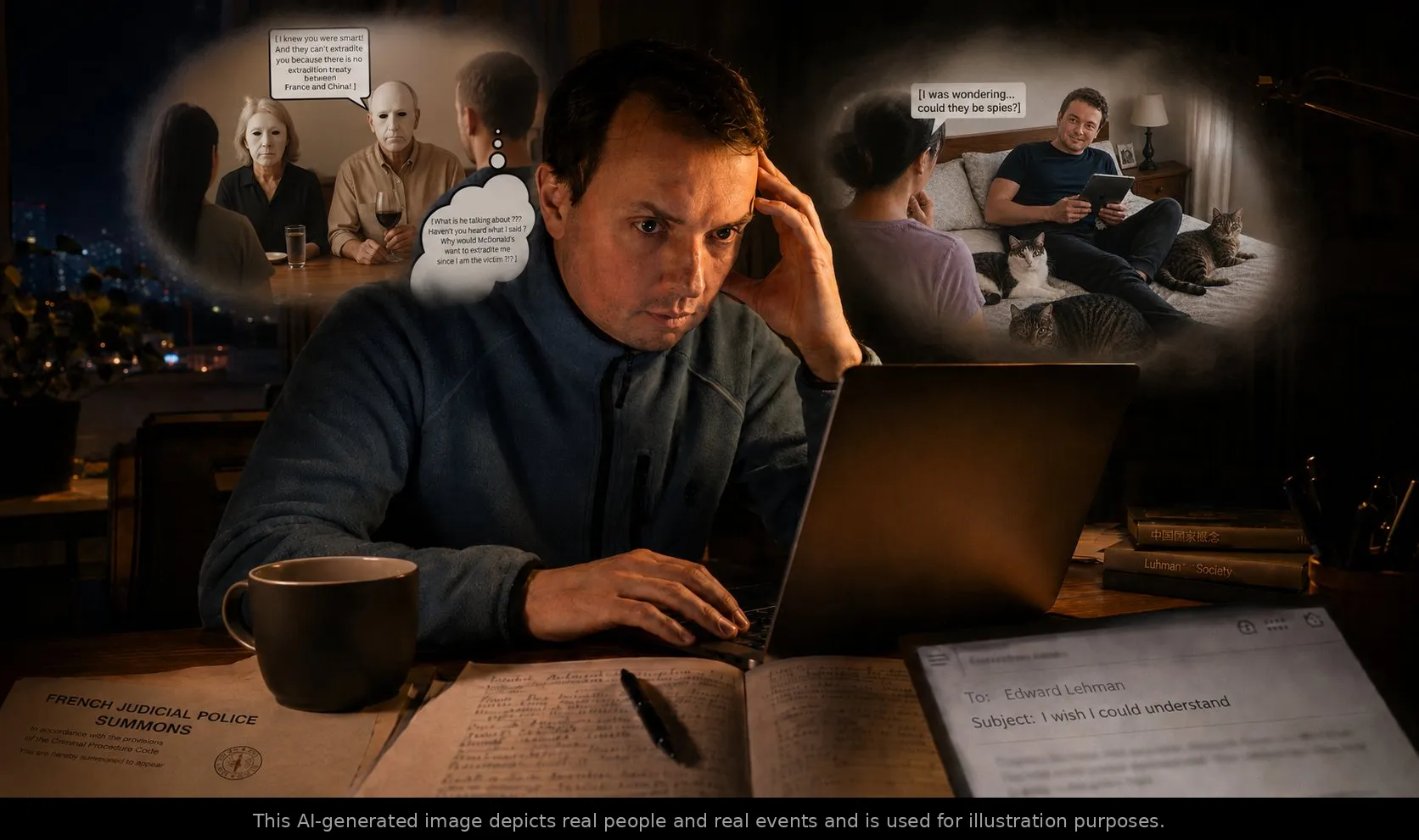 Immagine principale corretta: un uomo (Vincent Le Corre) che scrive a un laptop di notte con due fumetti di pensiero su entrambi i lati — a sinistra, una scena di cena con una figura mascherata che menziona un trattato di estradizione Francia–Cina; a destra, sua moglie e un visitatore maschile su un letto con gatti, il visitatore si chiede « could they be spies? ». Un documento « FRENCH JUDICIAL POLICE SUMMONS » è posato sulla scrivania. Gli occhi della figura mascherata nel fumetto di sinistra sono completamente neri, come vuoti.