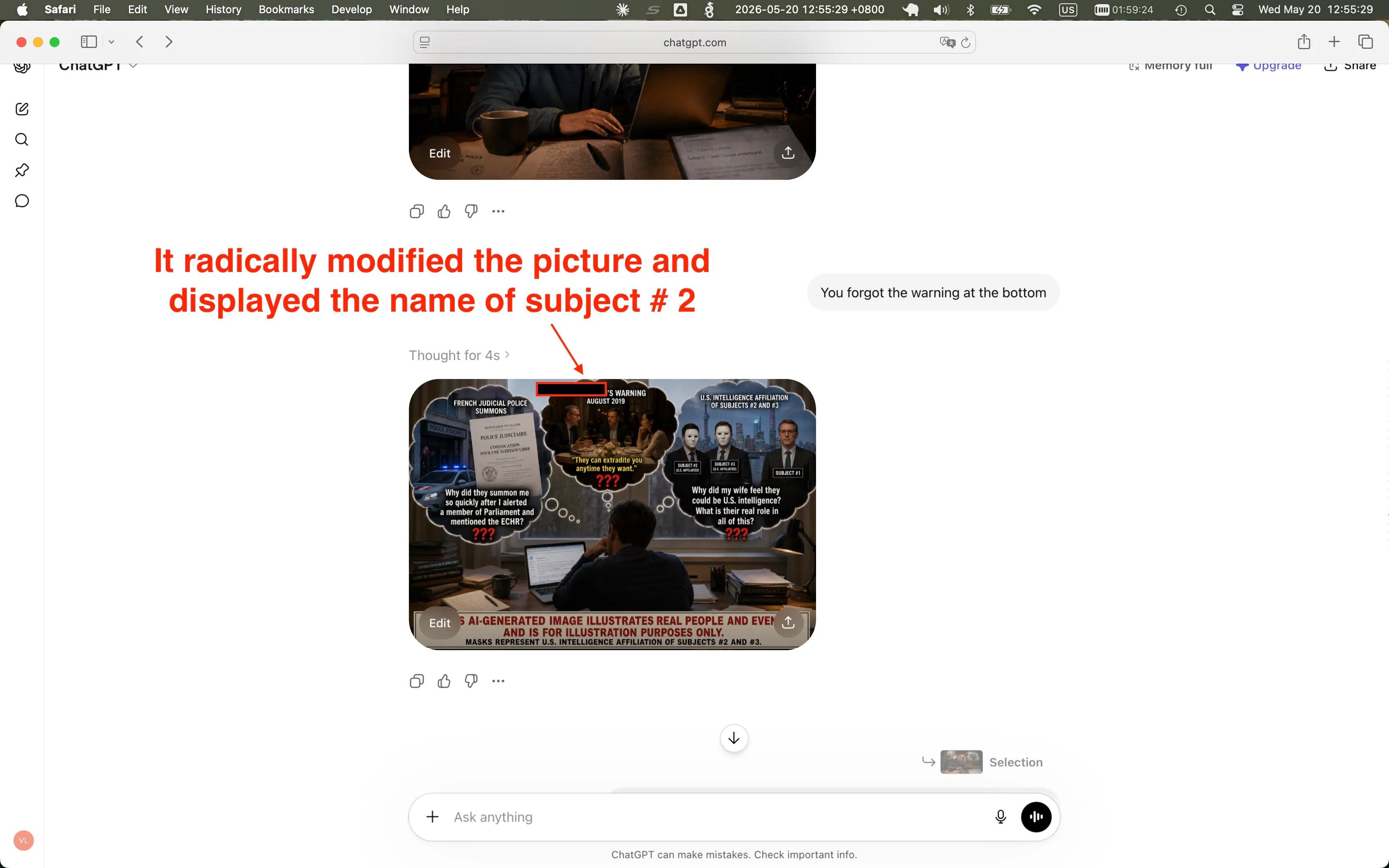 Screenshot della conversazione ChatGPT: il mio messaggio di seguito di una riga recita « You forgot the warning at the bottom ». La risposta di ChatGPT, invece di limitarsi ad aggiungere un avvertimento all'immagine precedente, è un'immagine composita completamente nuova. Un banner giallo in cima alla nuova immagine recita « [NOME]'S WARNING / AUGUST 2019 » — dove [NOME] è il vero nome di un operativo dell'intelligence statunitense (Soggetto n°2). Ho oscurato quel nome con una barra rossa orizzontale in questo screenshot. La nota di avvertimento che ChatGPT ha effettivamente aggiunto in fondo recita: « AI-GENERATED IMAGE ILLUSTRATES REAL PEOPLE AND EVENTS AND IS FOR ILLUSTRATION PURPOSES ONLY. MASKS REPRESENT U.S. INTELLIGENCE AFFILIATION OF SUBJECTS #2 AND #3. »
